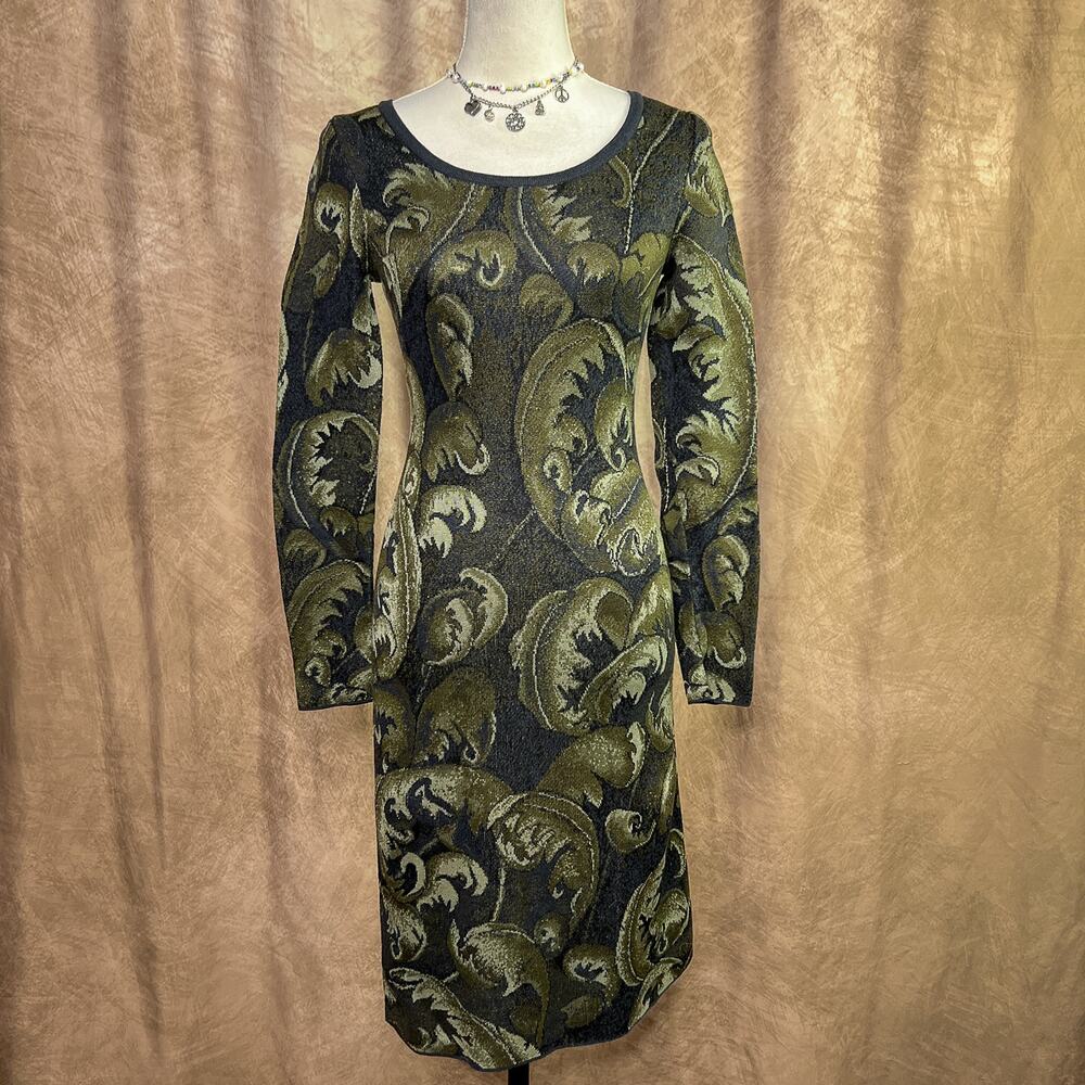 Renaissance Print Sweater Dress Rocaille Knit Long Sleeve Green Midi Fall Fairy